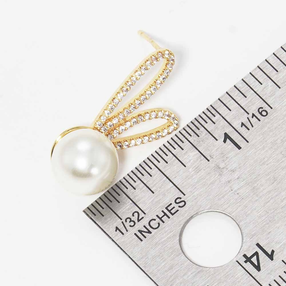 Gold Rabbit Cream Pearl Crystal Cubic Zirconia Stud Earrings Bunny Jewelry Cute - Picture 3 of 3